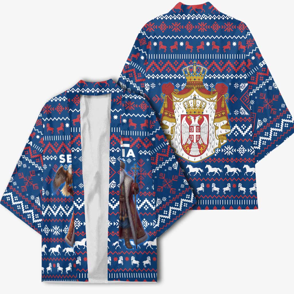 Serbia Christmas Kimono with Traditional Santa Eagle Serbian Coat of Arms and Blue Red White Folk Pattern Design - Wonder Print Shop