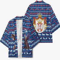 Serbia Christmas Kimono with Traditional Santa Eagle Serbian Coat of Arms and Blue Red White Folk Pattern Design - Wonder Print Shop