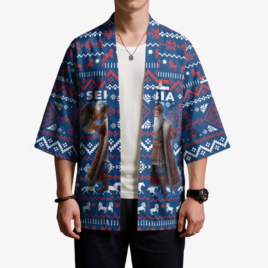 Serbia Christmas Kimono with Traditional Santa Eagle Serbian Coat of Arms and Blue Red White Folk Pattern Design - Wonder Print Shop