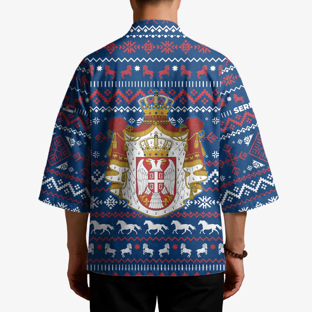 Serbia Christmas Kimono with Traditional Santa Eagle Serbian Coat of Arms and Blue Red White Folk Pattern Design - Wonder Print Shop