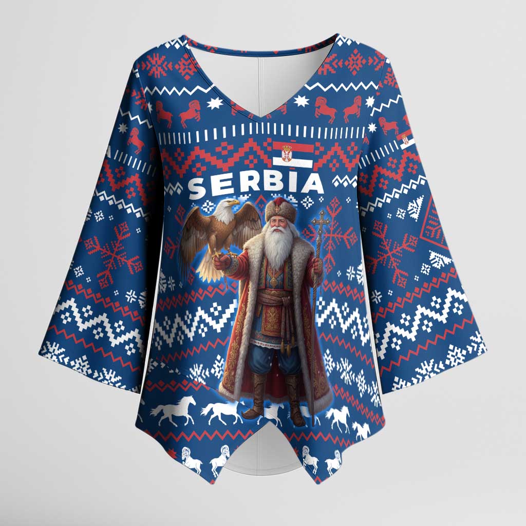 Serbia Christmas Kimono Sleeve Blouse with Traditional Santa Eagle Serbian Coat of Arms and Blue Red White Folk Pattern Design - Wonder Print Shop