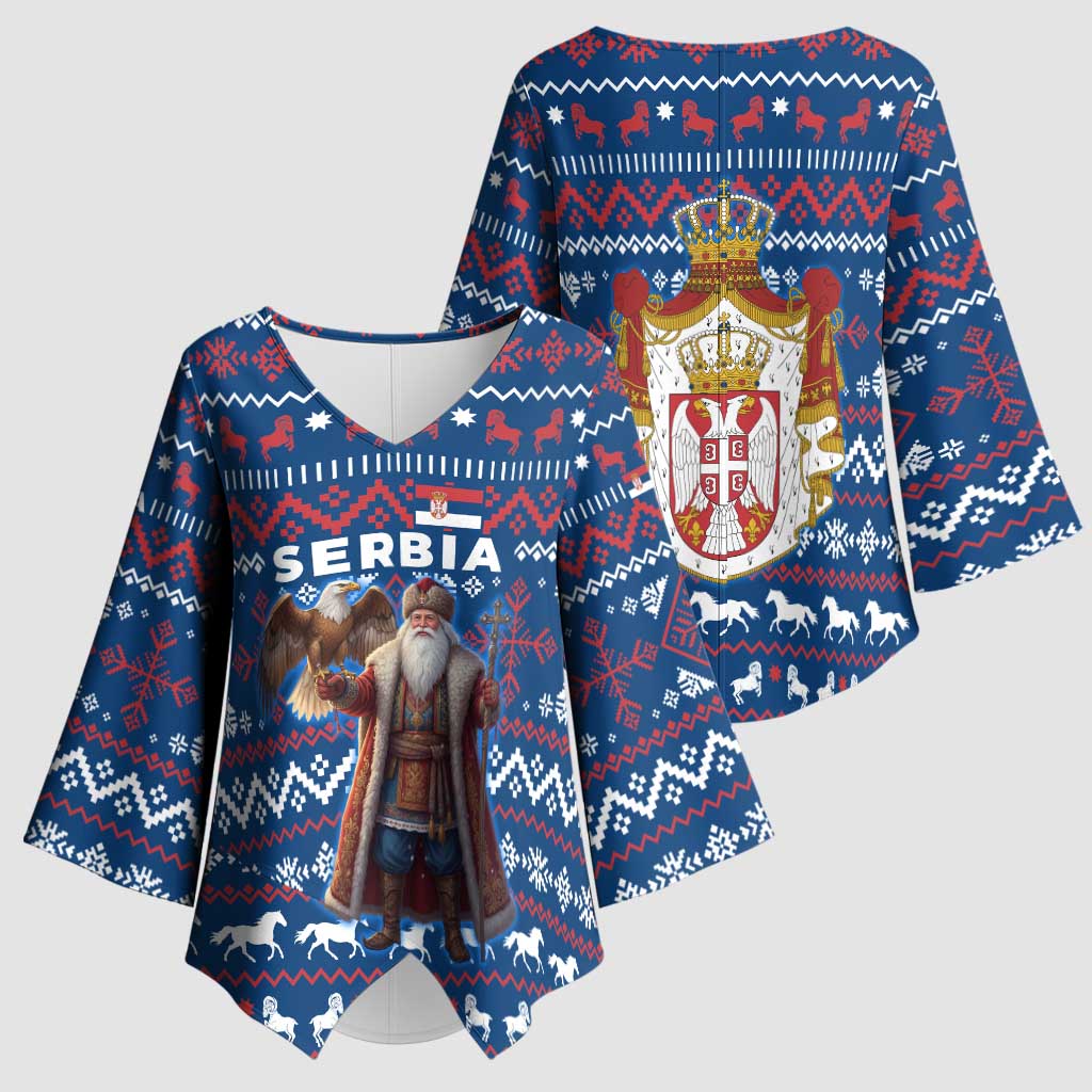 Serbia Christmas Kimono Sleeve Blouse with Traditional Santa Eagle Serbian Coat of Arms and Blue Red White Folk Pattern Design - Wonder Print Shop