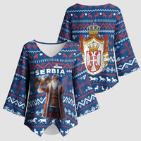 Serbia Christmas Kimono Sleeve Blouse with Traditional Santa Eagle Serbian Coat of Arms and Blue Red White Folk Pattern Design - Wonder Print Shop