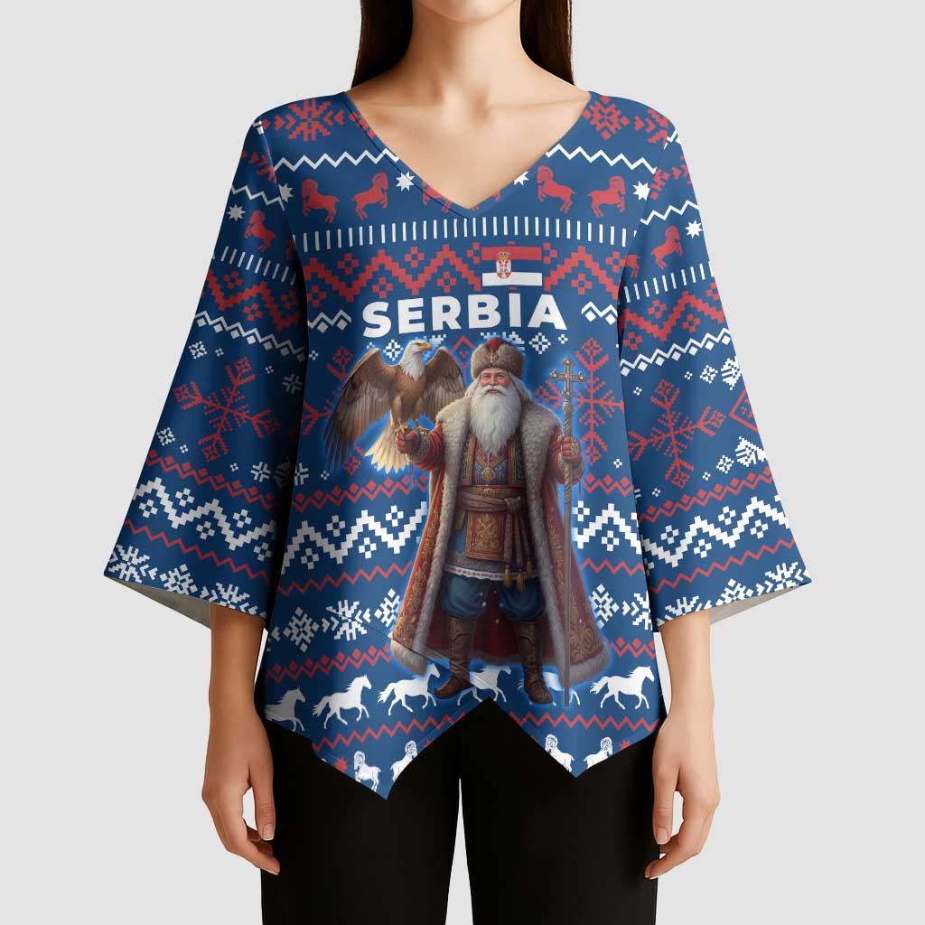 Serbia Christmas Kimono Sleeve Blouse with Traditional Santa Eagle Serbian Coat of Arms and Blue Red White Folk Pattern Design - Wonder Print Shop