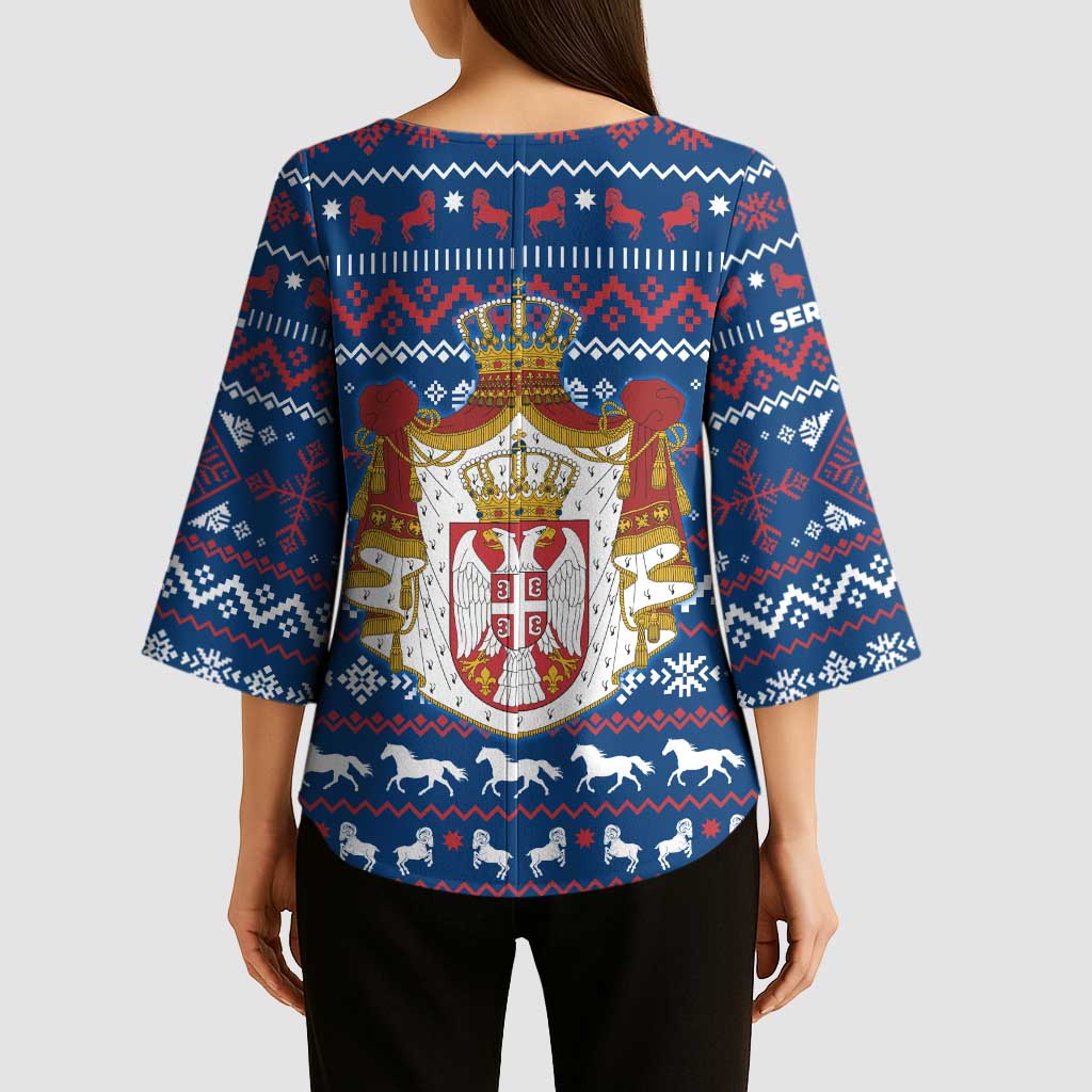 Serbia Christmas Kimono Sleeve Blouse with Traditional Santa Eagle Serbian Coat of Arms and Blue Red White Folk Pattern Design - Wonder Print Shop