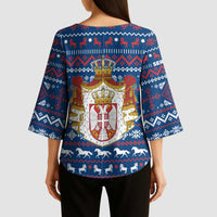 Serbia Christmas Kimono Sleeve Blouse with Traditional Santa Eagle Serbian Coat of Arms and Blue Red White Folk Pattern Design - Wonder Print Shop
