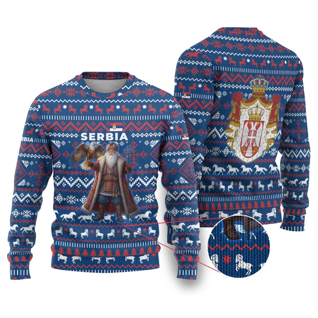 Serbia Christmas Ugly Christmas Sweater with Traditional Santa Eagle Serbian Coat of Arms and Blue Red White Folk Pattern Design - Wonder Print Shop