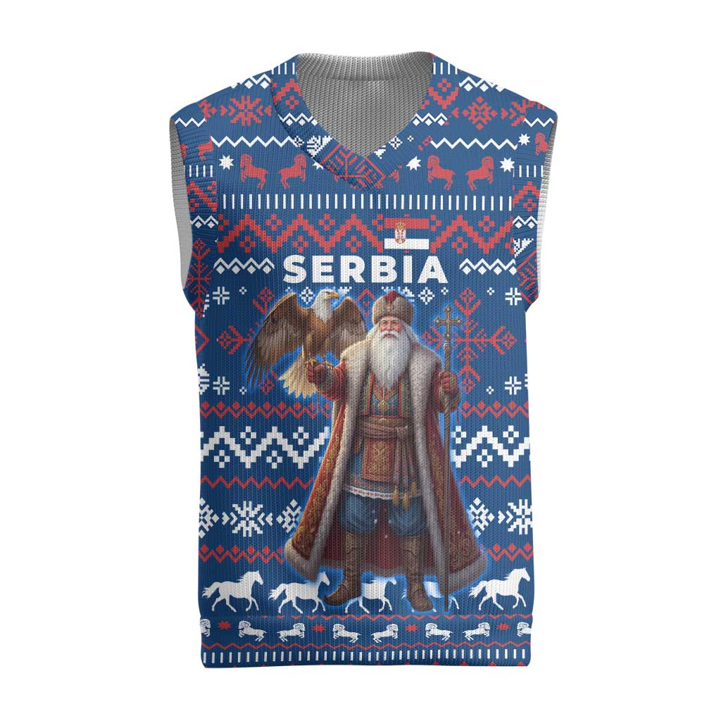 Serbia Christmas Knitted V-Neck Vest with Traditional Santa Eagle Serbian Coat of Arms and Blue Red White Folk Pattern Design - Wonder Print Shop
