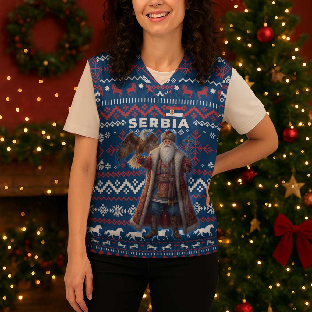 Serbia Christmas Knitted V-Neck Vest with Traditional Santa Eagle Serbian Coat of Arms and Blue Red White Folk Pattern Design - Wonder Print Shop