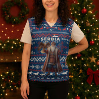 Serbia Christmas Knitted V-Neck Vest with Traditional Santa Eagle Serbian Coat of Arms and Blue Red White Folk Pattern Design - Wonder Print Shop