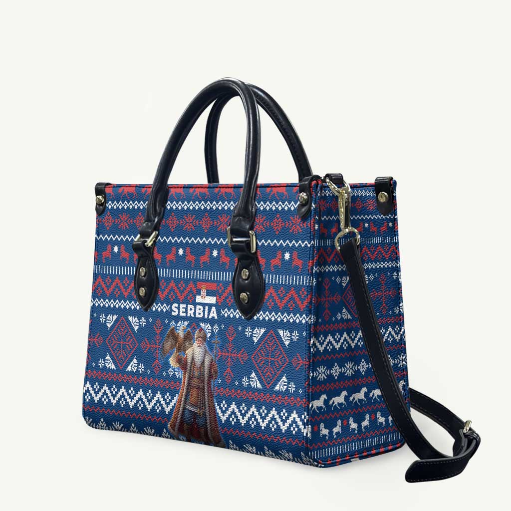 Serbia Christmas Leather Bag with Traditional Santa Eagle Serbian Coat of Arms and Blue Red White Folk Pattern Design - Wonder Print Shop