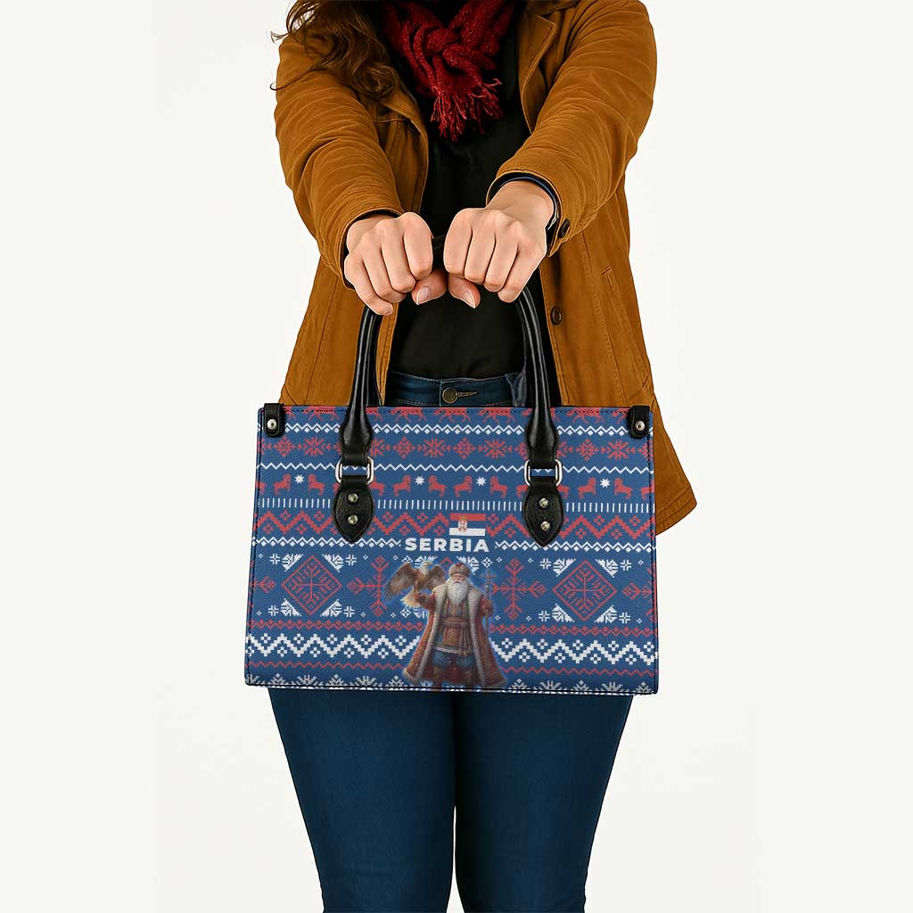 Serbia Christmas Leather Bag with Traditional Santa Eagle Serbian Coat of Arms and Blue Red White Folk Pattern Design - Wonder Print Shop