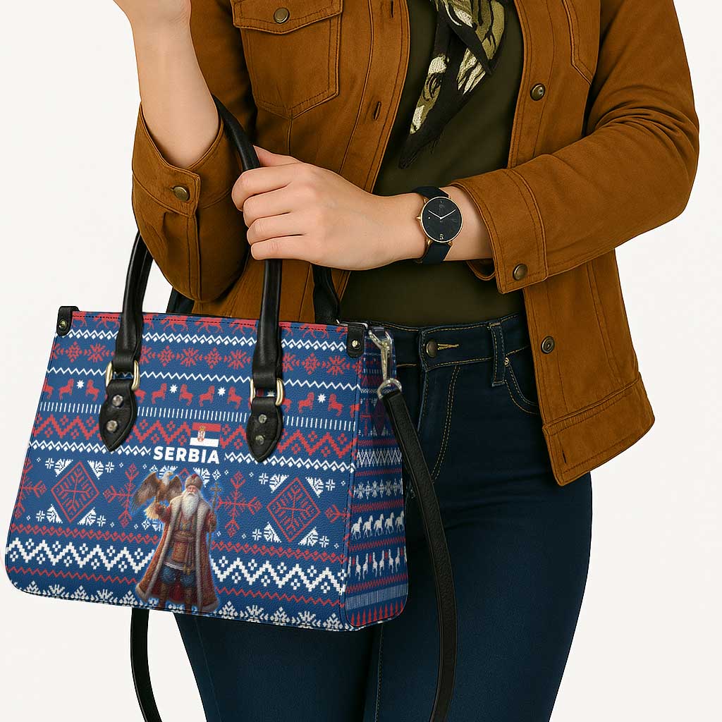 Serbia Christmas Leather Bag with Traditional Santa Eagle Serbian Coat of Arms and Blue Red White Folk Pattern Design - Wonder Print Shop