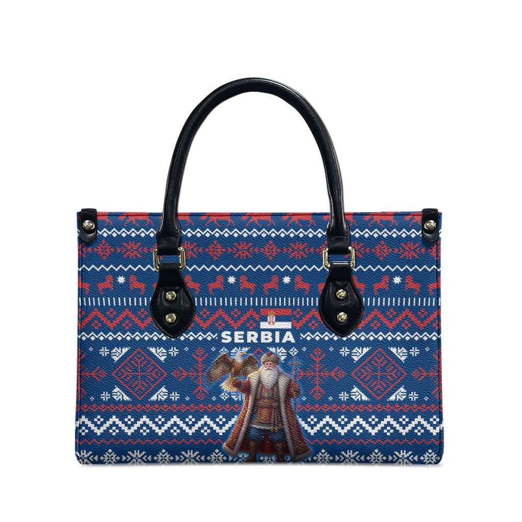 Serbia Christmas Leather Bag with Traditional Santa Eagle Serbian Coat of Arms and Blue Red White Folk Pattern Design - Wonder Print Shop