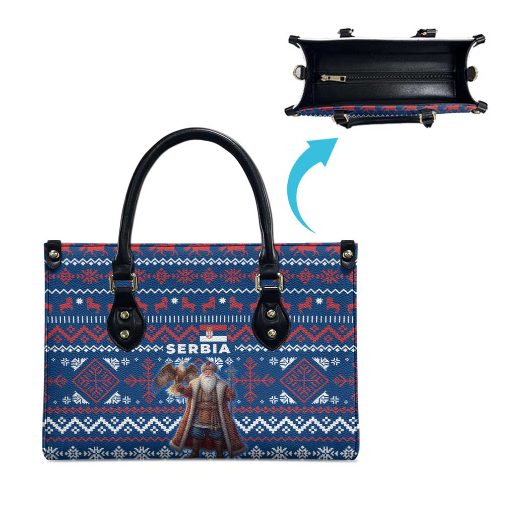 Serbia Christmas Leather Bag with Traditional Santa Eagle Serbian Coat of Arms and Blue Red White Folk Pattern Design - Wonder Print Shop