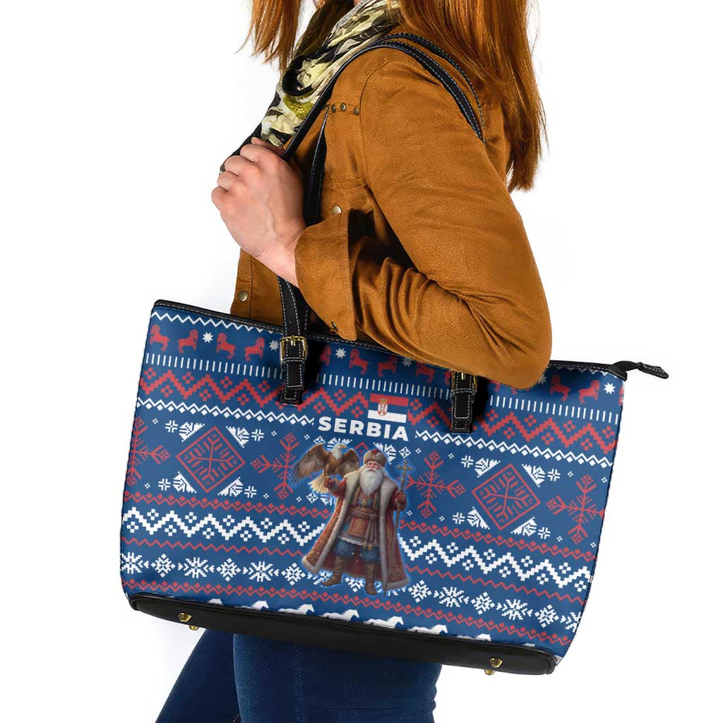 Serbia Christmas Leather Tote Bag with Traditional Santa Eagle Serbian Coat of Arms and Blue Red White Folk Pattern Design - Wonder Print Shop