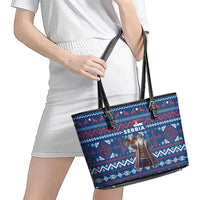 Serbia Christmas Leather Tote Bag with Traditional Santa Eagle Serbian Coat of Arms and Blue Red White Folk Pattern Design - Wonder Print Shop