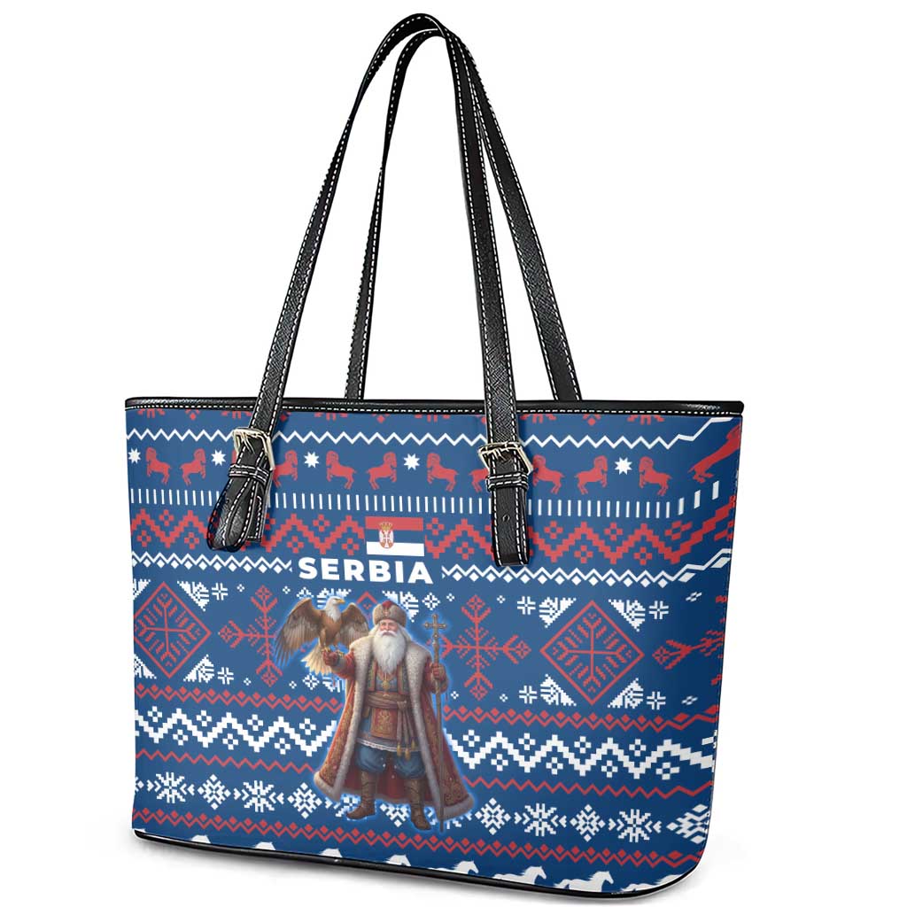 Serbia Christmas Leather Tote Bag with Traditional Santa Eagle Serbian Coat of Arms and Blue Red White Folk Pattern Design - Wonder Print Shop