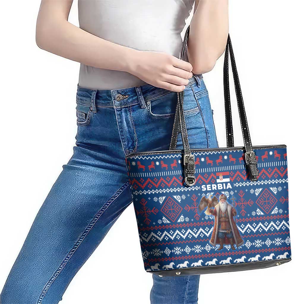 Serbia Christmas Leather Tote Bag with Traditional Santa Eagle Serbian Coat of Arms and Blue Red White Folk Pattern Design - Wonder Print Shop