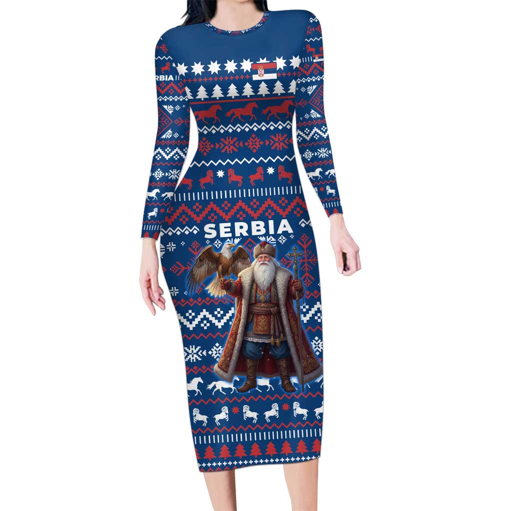 Serbia Christmas Long Sleeve Bodycon Dress with Traditional Santa Eagle Serbian Coat of Arms and Blue Red White Folk Pattern Design - Wonder Print Shop