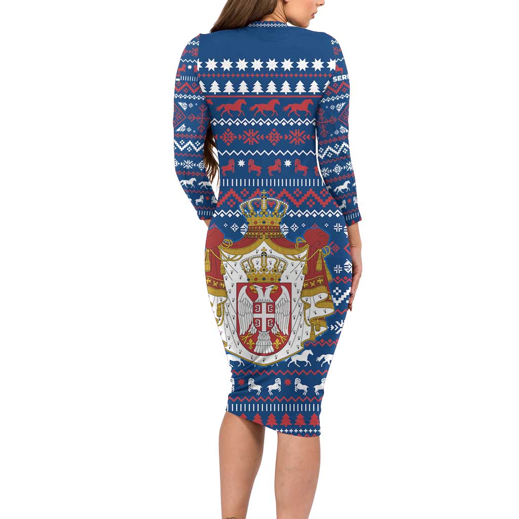 Serbia Christmas Long Sleeve Bodycon Dress with Traditional Santa Eagle Serbian Coat of Arms and Blue Red White Folk Pattern Design - Wonder Print Shop