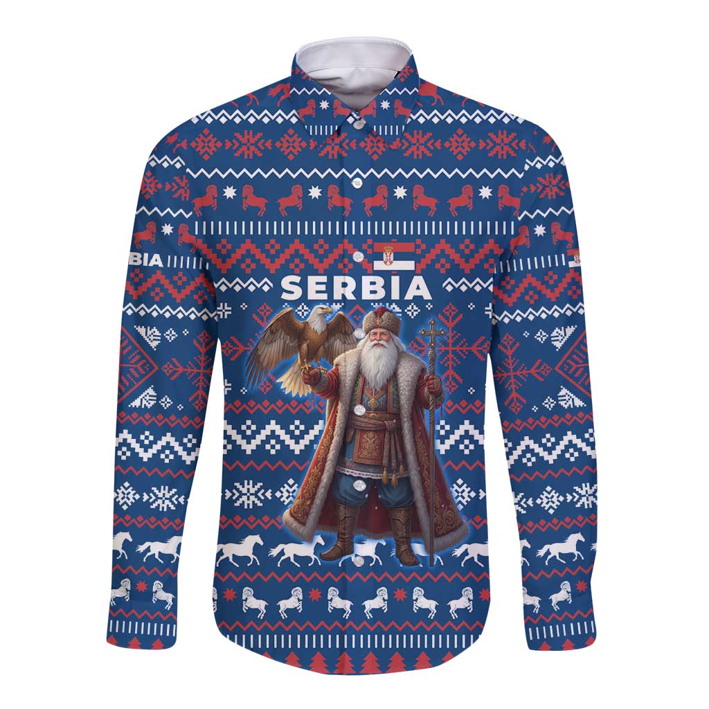 Serbia Christmas Long Sleeve Button Shirt with Traditional Santa Eagle Serbian Coat of Arms and Blue Red White Folk Pattern Design - Wonder Print Shop