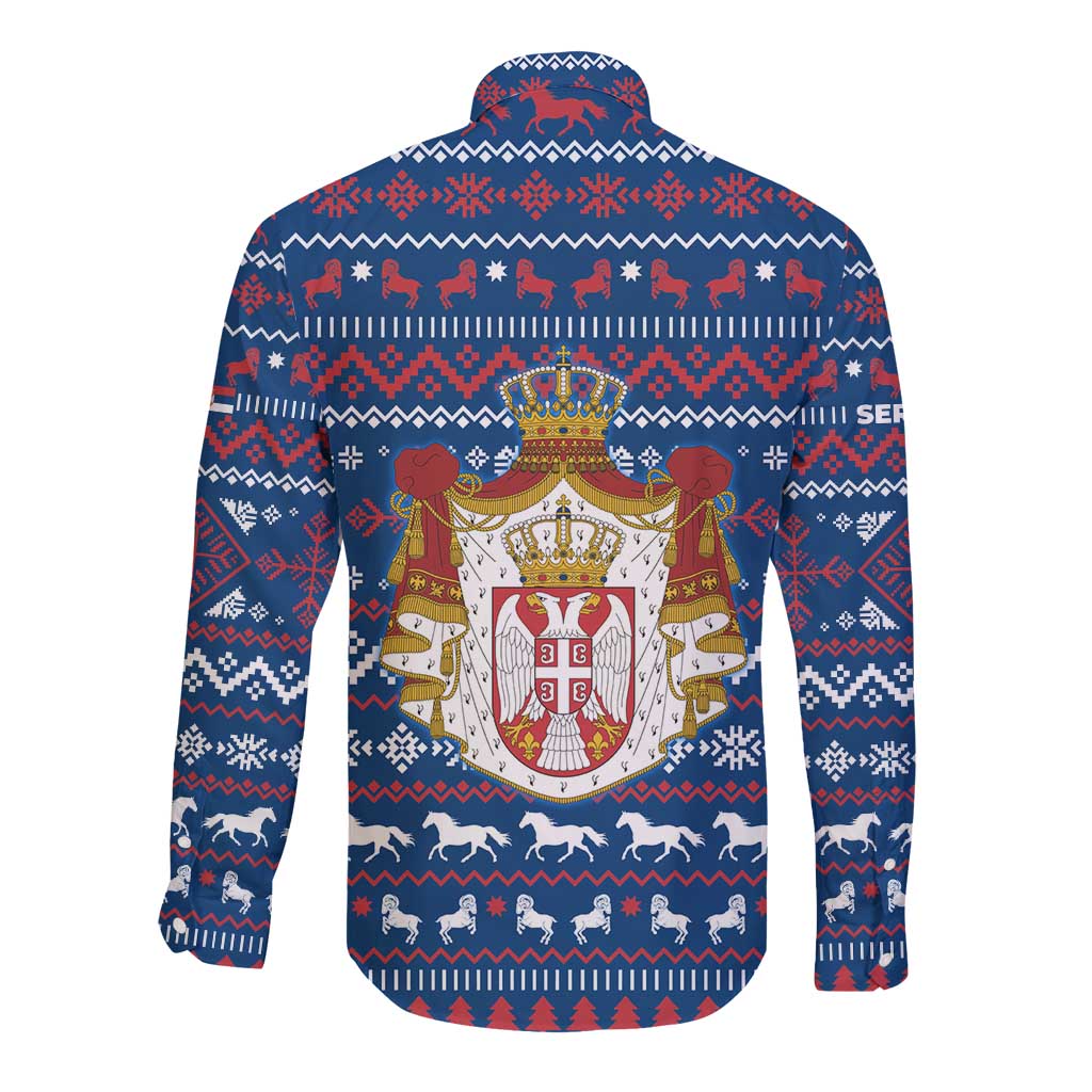 Serbia Christmas Long Sleeve Button Shirt with Traditional Santa Eagle Serbian Coat of Arms and Blue Red White Folk Pattern Design - Wonder Print Shop