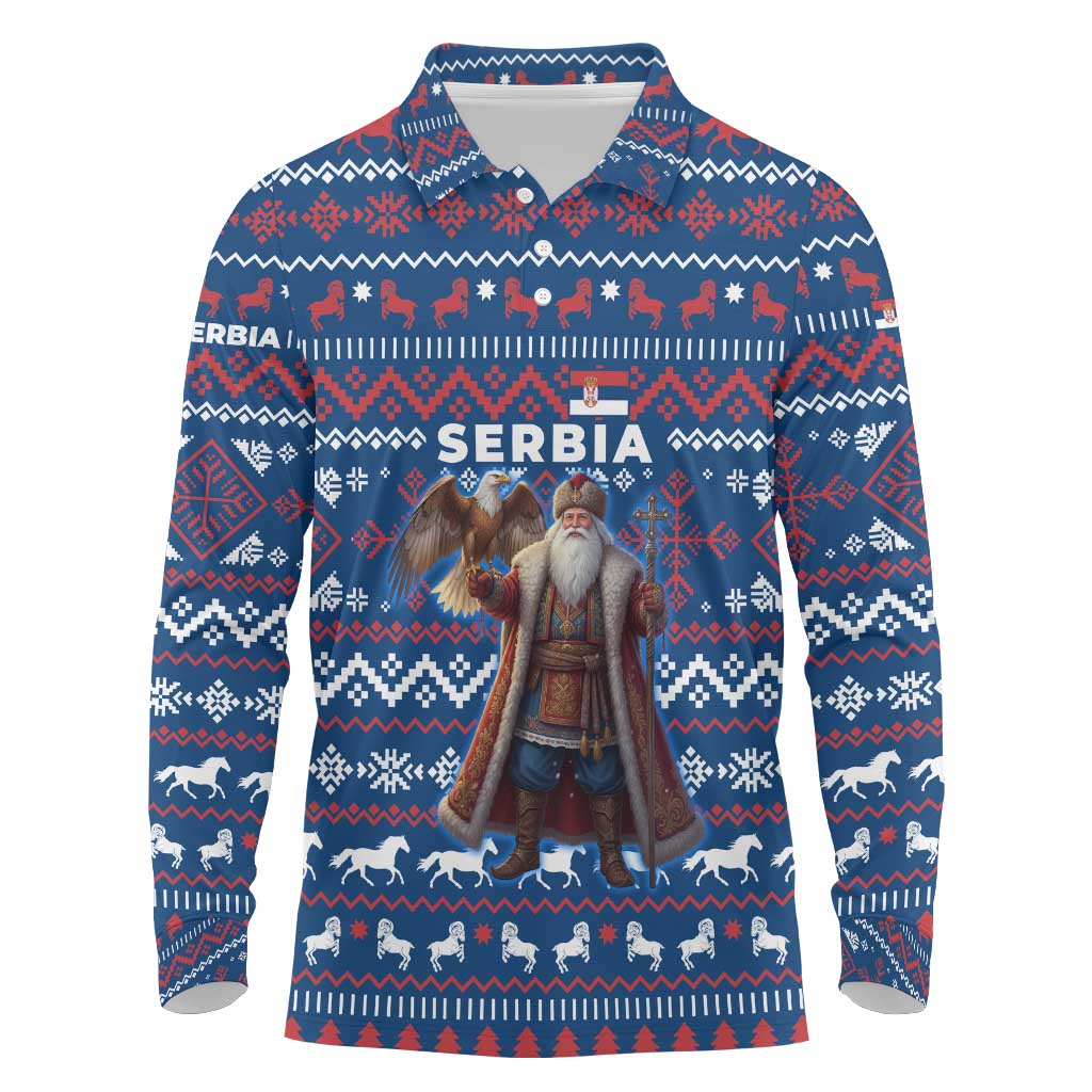 Serbia Christmas Long Sleeve Polo Shirt with Traditional Santa Eagle Serbian Coat of Arms and Blue Red White Folk Pattern Design - Wonder Print Shop