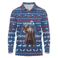 Serbia Christmas Long Sleeve Polo Shirt with Traditional Santa Eagle Serbian Coat of Arms and Blue Red White Folk Pattern Design - Wonder Print Shop
