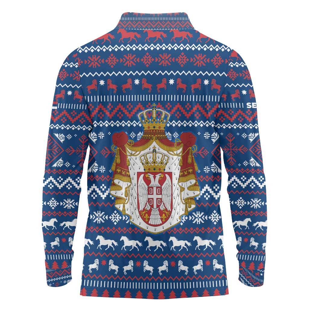 Serbia Christmas Long Sleeve Polo Shirt with Traditional Santa Eagle Serbian Coat of Arms and Blue Red White Folk Pattern Design - Wonder Print Shop