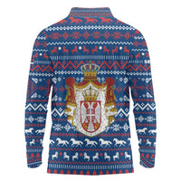 Serbia Christmas Long Sleeve Polo Shirt with Traditional Santa Eagle Serbian Coat of Arms and Blue Red White Folk Pattern Design - Wonder Print Shop
