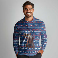 Serbia Christmas Long Sleeve Polo Shirt with Traditional Santa Eagle Serbian Coat of Arms and Blue Red White Folk Pattern Design - Wonder Print Shop
