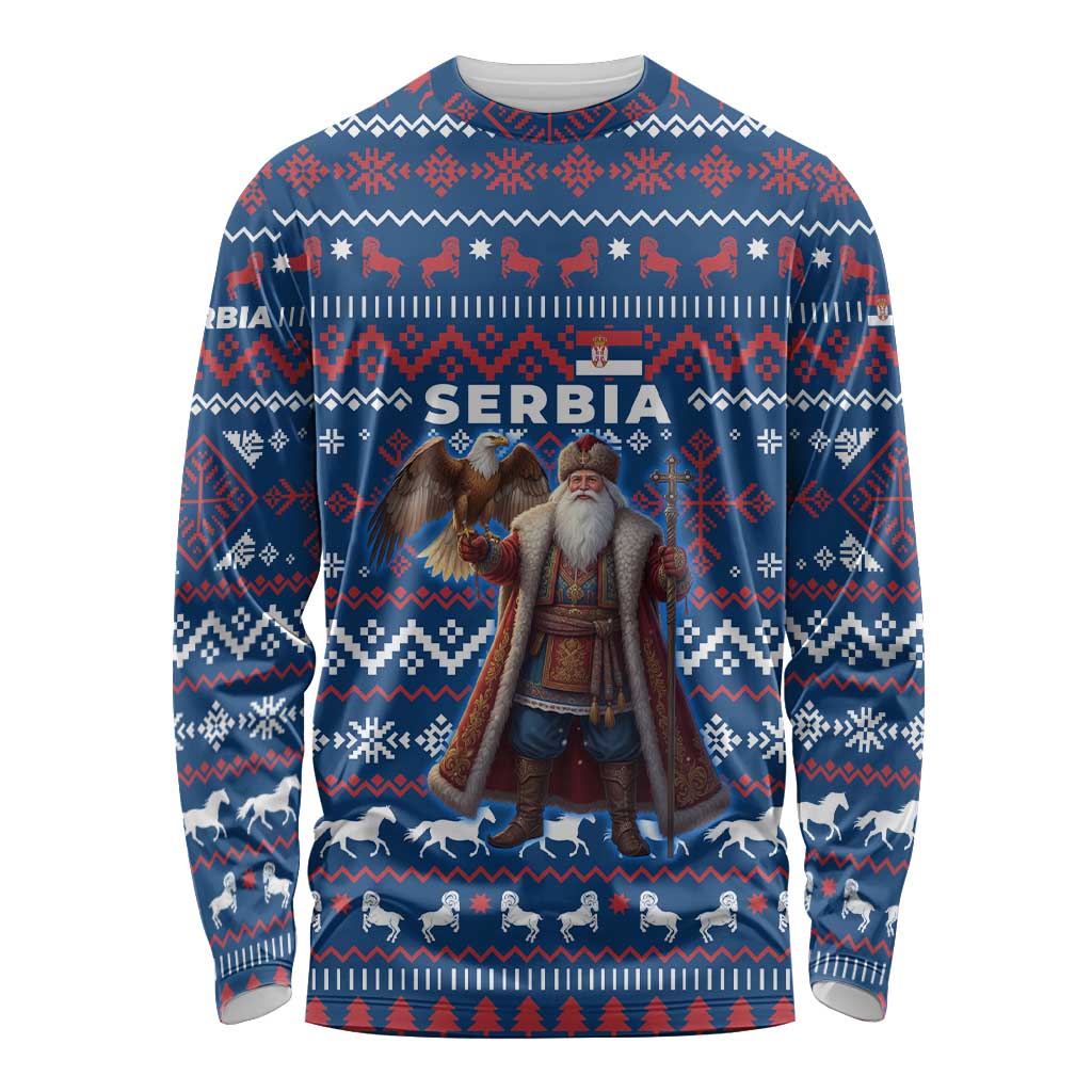 Serbia Christmas Long Sleeve Shirt with Traditional Santa Eagle Serbian Coat of Arms and Blue Red White Folk Pattern Design - Wonder Print Shop
