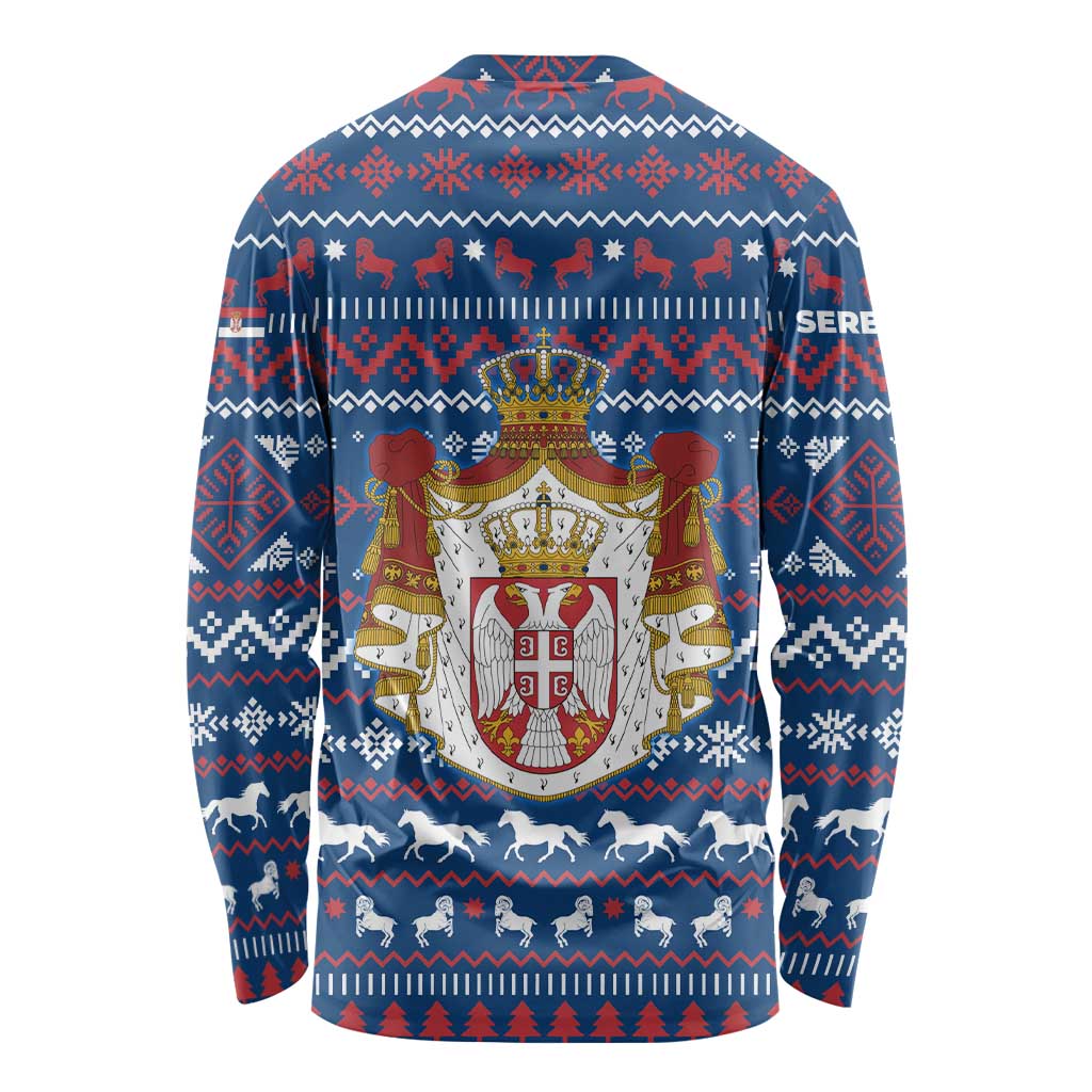 Serbia Christmas Long Sleeve Shirt with Traditional Santa Eagle Serbian Coat of Arms and Blue Red White Folk Pattern Design - Wonder Print Shop