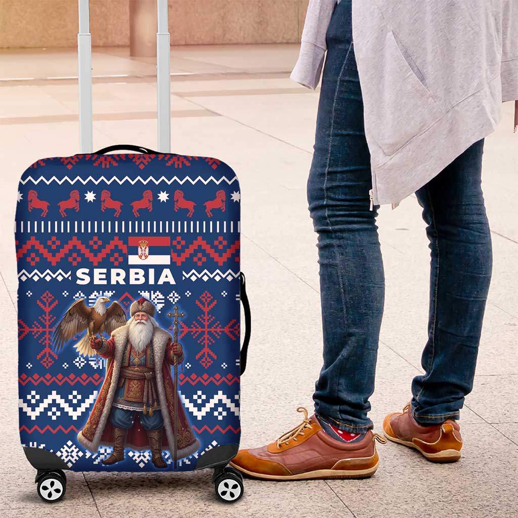 Serbia Christmas Luggage Cover with Traditional Santa Eagle Serbian Coat of Arms and Blue Red White Folk Pattern Design - Wonder Print Shop