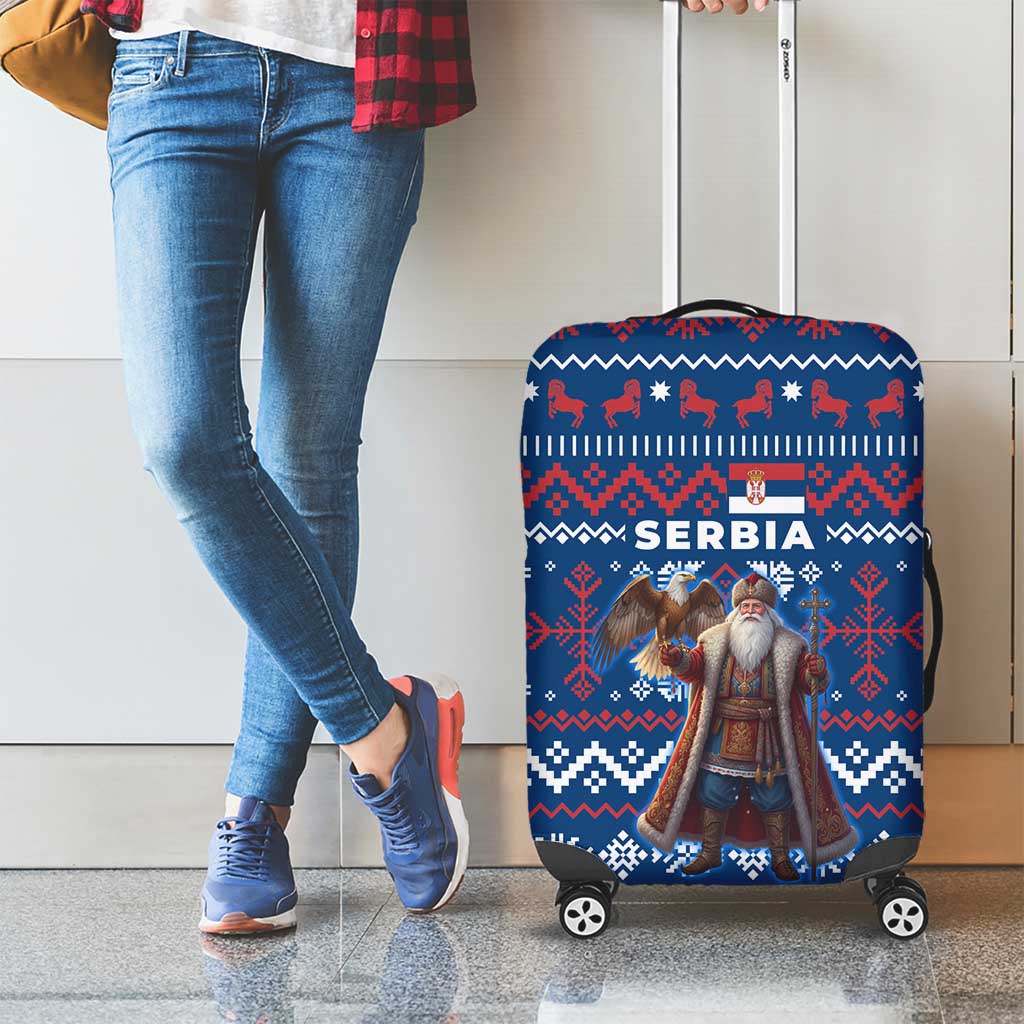 Serbia Christmas Luggage Cover with Traditional Santa Eagle Serbian Coat of Arms and Blue Red White Folk Pattern Design - Wonder Print Shop