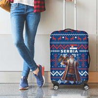 Serbia Christmas Luggage Cover with Traditional Santa Eagle Serbian Coat of Arms and Blue Red White Folk Pattern Design - Wonder Print Shop