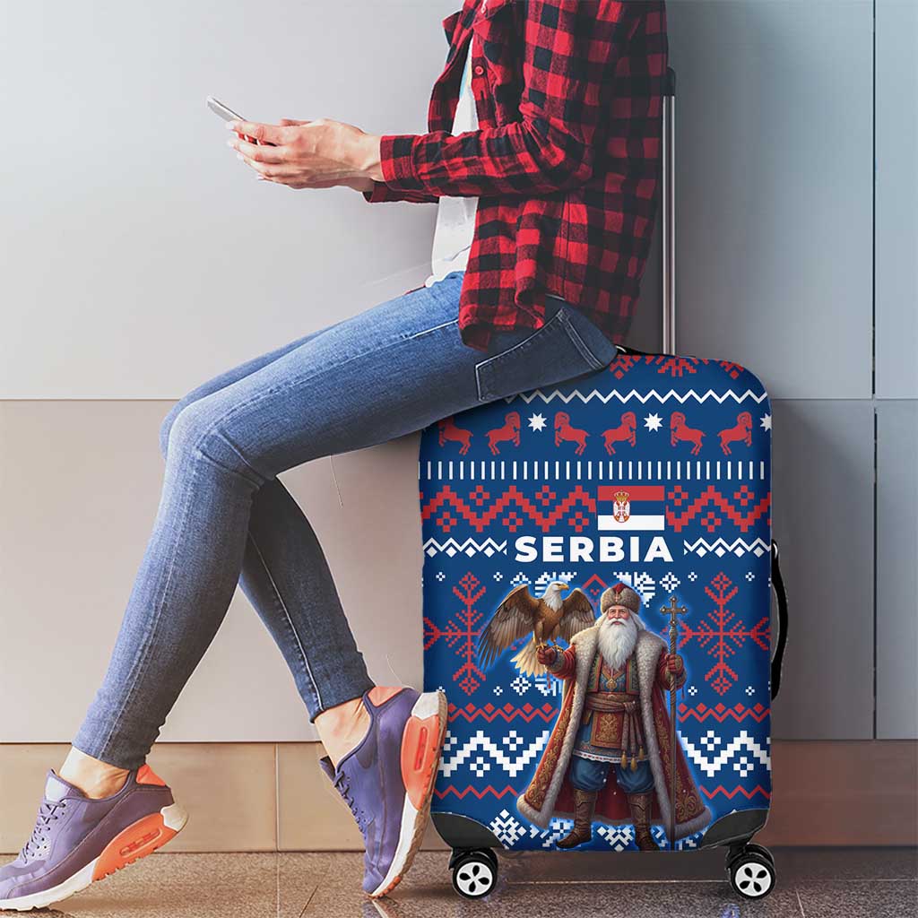 Serbia Christmas Luggage Cover with Traditional Santa Eagle Serbian Coat of Arms and Blue Red White Folk Pattern Design - Wonder Print Shop