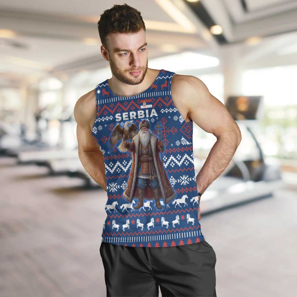 Serbia Christmas Men Tank Top with Traditional Santa Eagle Serbian Coat of Arms and Blue Red White Folk Pattern Design - Wonder Print Shop