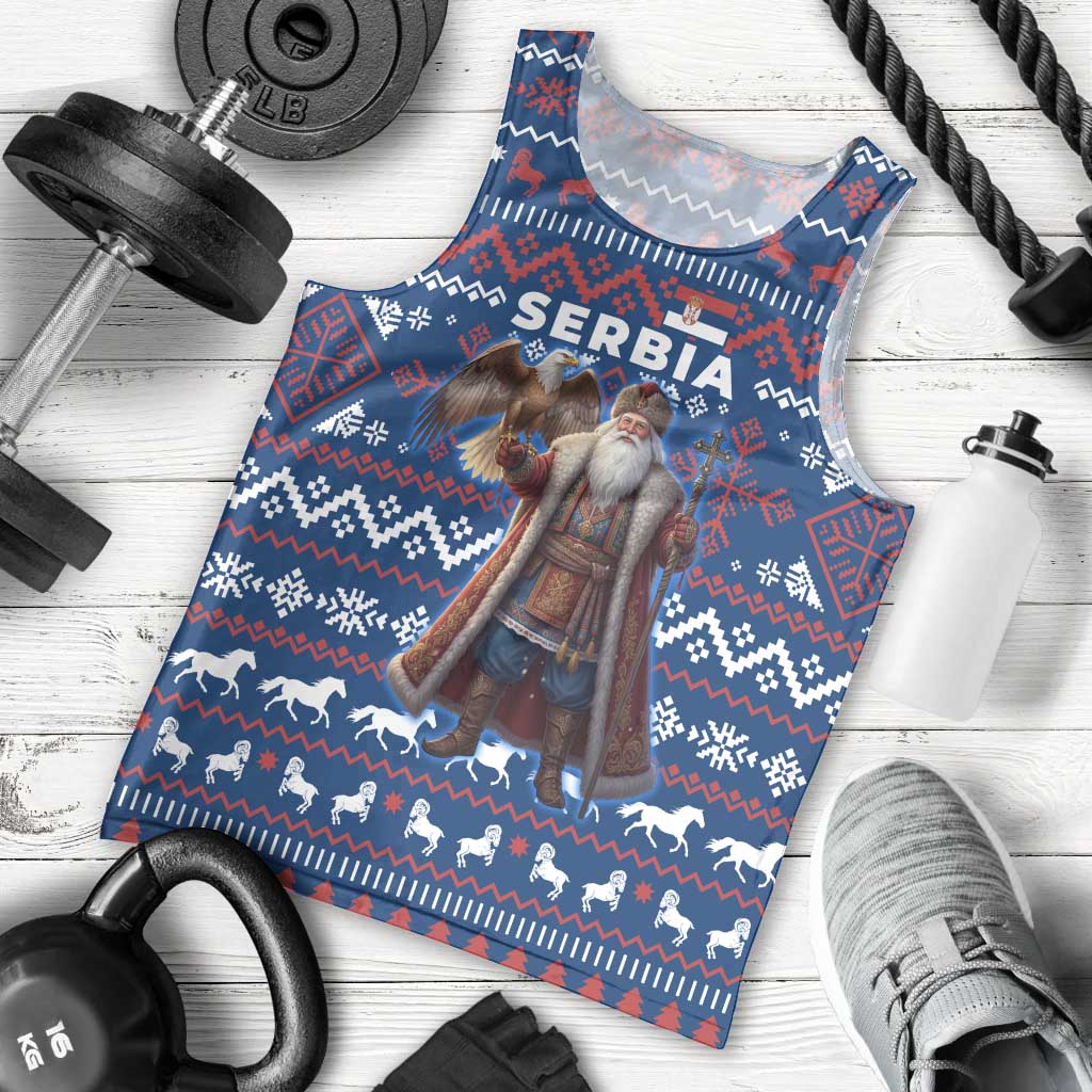 Serbia Christmas Men Tank Top with Traditional Santa Eagle Serbian Coat of Arms and Blue Red White Folk Pattern Design - Wonder Print Shop