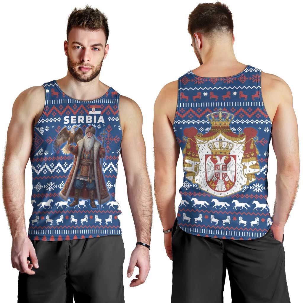 Serbia Christmas Men Tank Top with Traditional Santa Eagle Serbian Coat of Arms and Blue Red White Folk Pattern Design - Wonder Print Shop