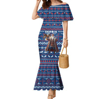 Serbia Christmas Mermaid Dress with Traditional Santa Eagle Serbian Coat of Arms and Blue Red White Folk Pattern Design - Wonder Print Shop