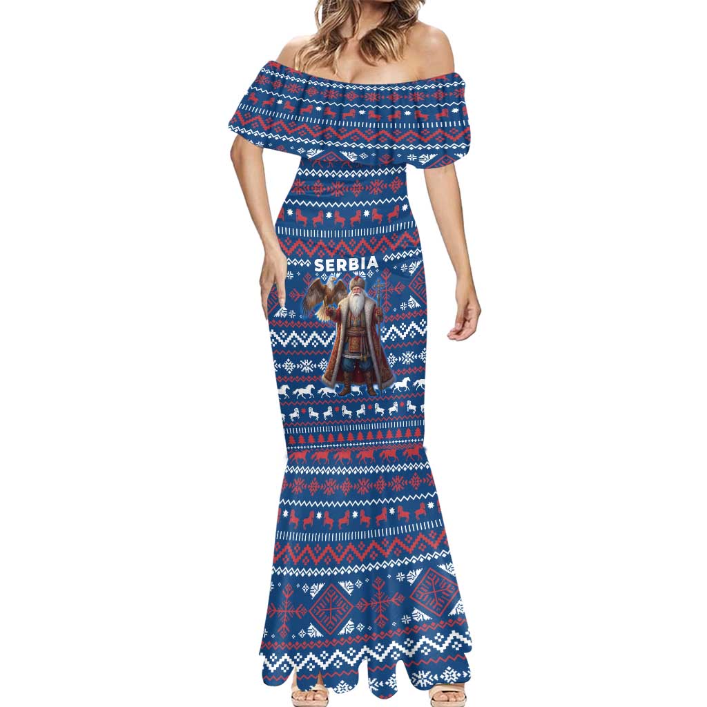 Serbia Christmas Mermaid Dress with Traditional Santa Eagle Serbian Coat of Arms and Blue Red White Folk Pattern Design - Wonder Print Shop