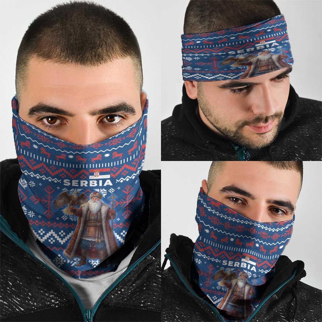 Serbia Christmas Neck Gaiter with Traditional Santa Eagle Serbian Coat of Arms and Blue Red White Folk Pattern Design - Wonder Print Shop