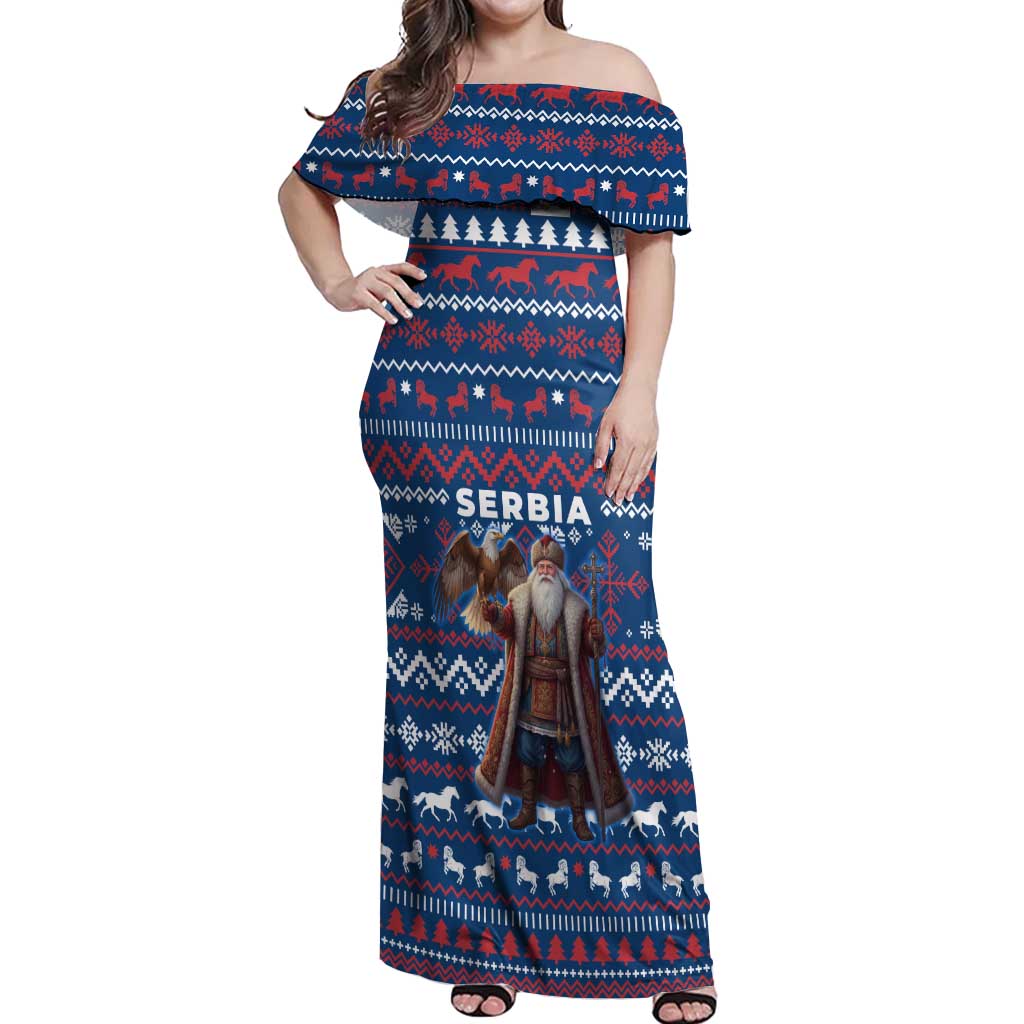 Serbia Christmas Off Shoulder Maxi Dress with Traditional Santa Eagle Serbian Coat of Arms and Blue Red White Folk Pattern Design - Wonder Print Shop