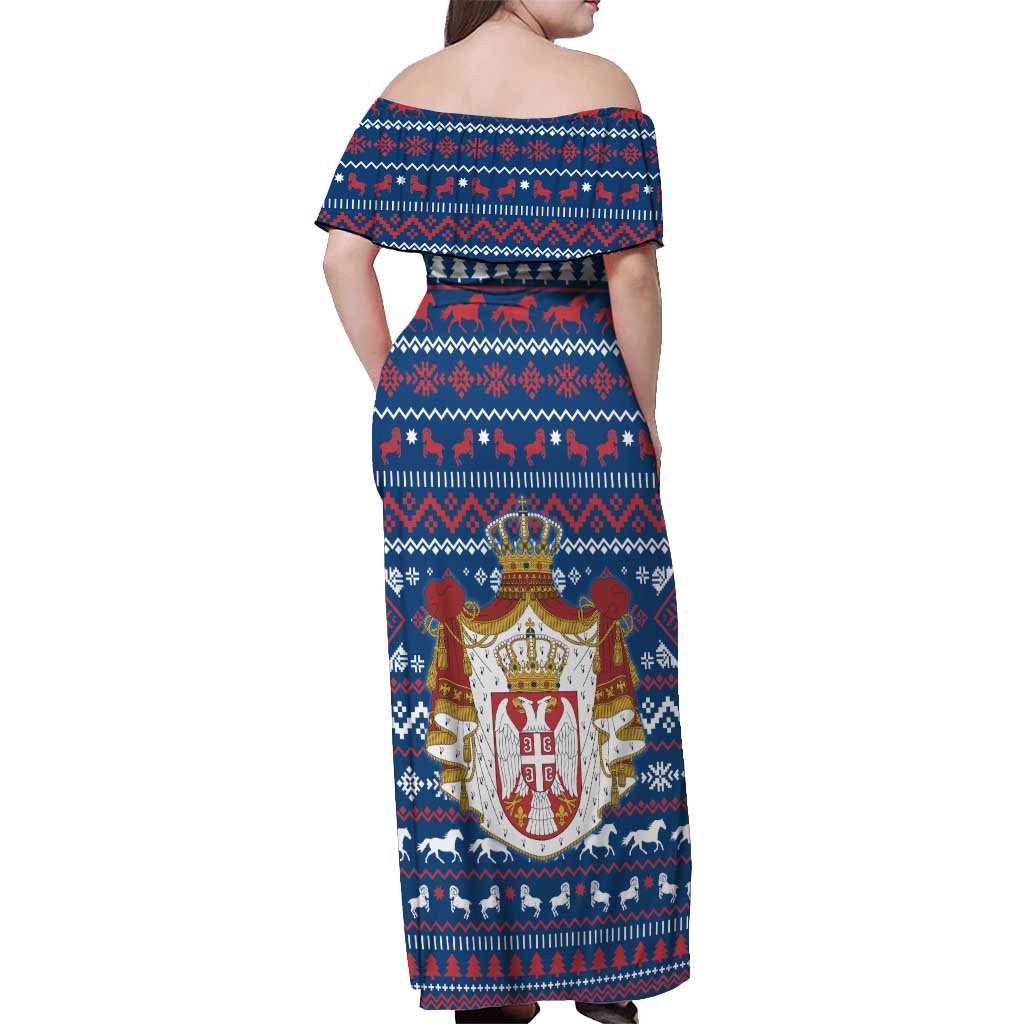 Serbia Christmas Off Shoulder Maxi Dress with Traditional Santa Eagle Serbian Coat of Arms and Blue Red White Folk Pattern Design - Wonder Print Shop