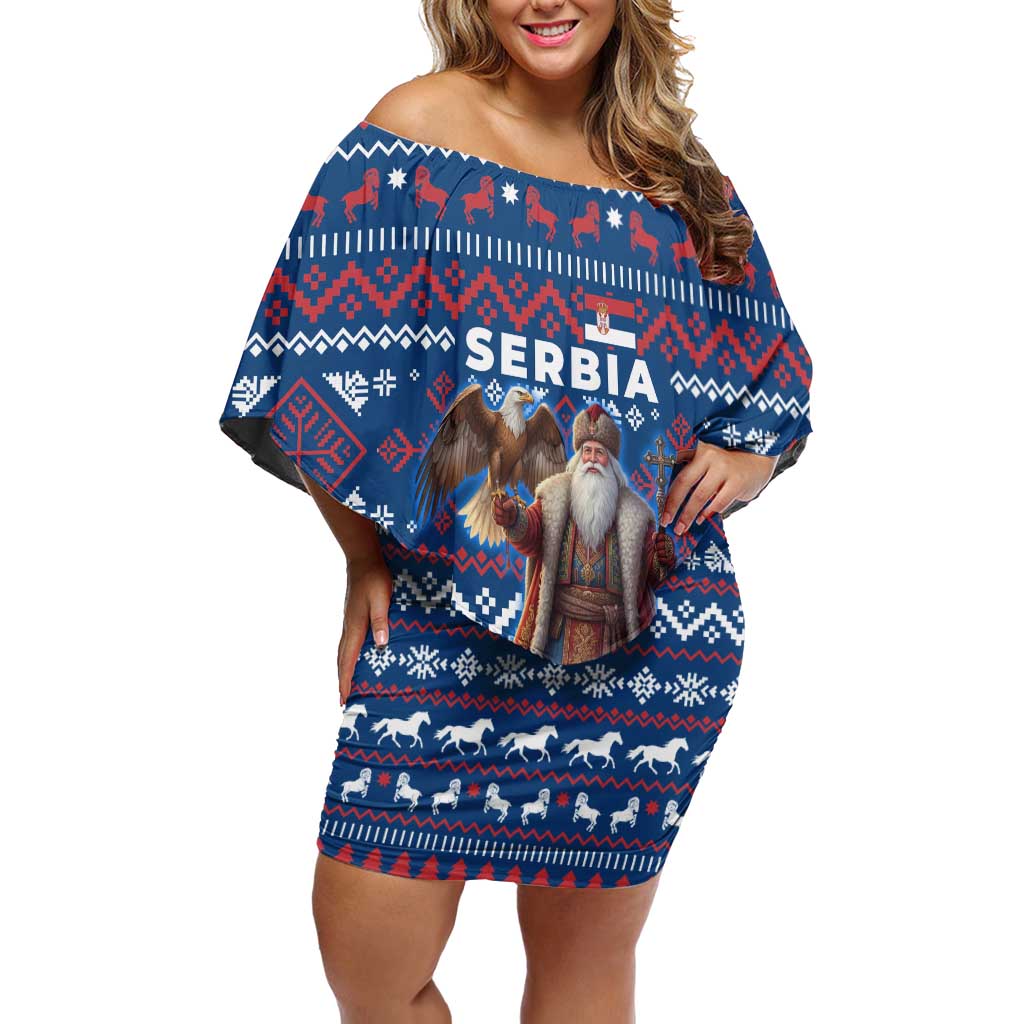 Serbia Christmas Off Shoulder Short Dress with Traditional Santa Eagle Serbian Coat of Arms and Blue Red White Folk Pattern Design - Wonder Print Shop