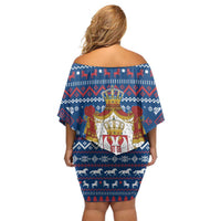 Serbia Christmas Off Shoulder Short Dress with Traditional Santa Eagle Serbian Coat of Arms and Blue Red White Folk Pattern Design - Wonder Print Shop