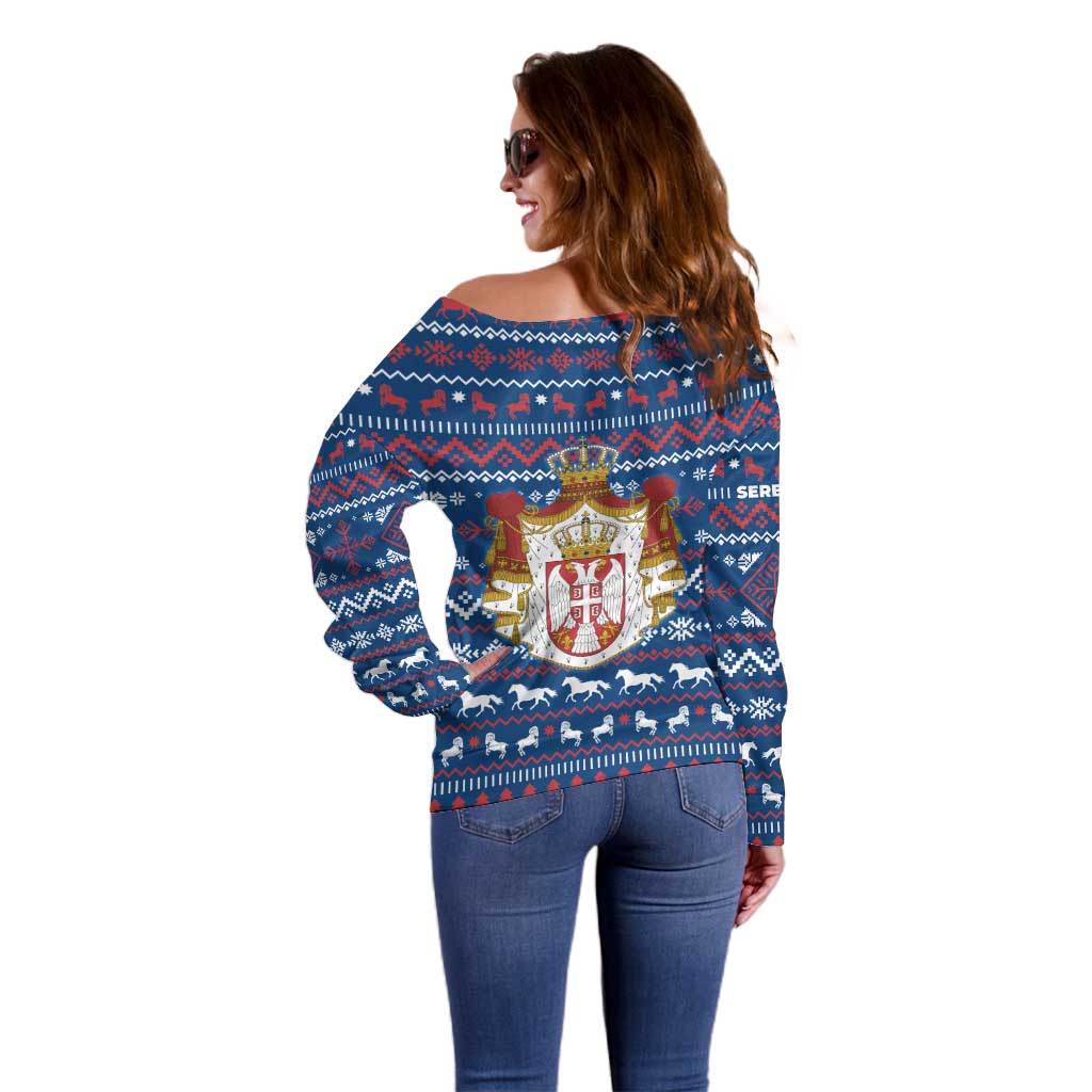 Serbia Christmas Off Shoulder Sweater with Traditional Santa Eagle Serbian Coat of Arms and Blue Red White Folk Pattern Design - Wonder Print Shop