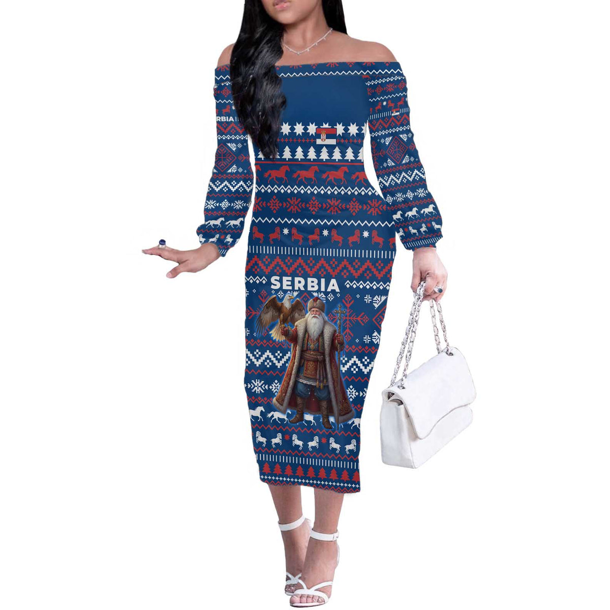 Serbia Christmas Off The Shoulder Long Sleeve Dress with Traditional Santa Eagle Serbian Coat of Arms and Blue Red White Folk Pattern Design - Wonder Print Shop